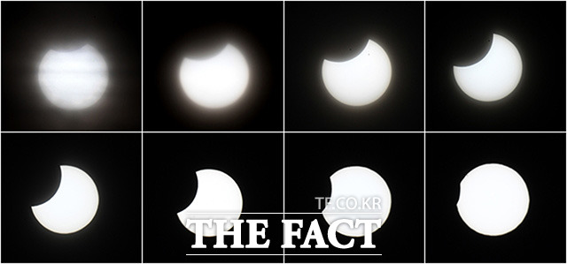 부분일식이 진행된 6일 오전 서울 마포구 하늘공원에서 바라본 태양이 달에 의해 가려져있다. /남용희 기자