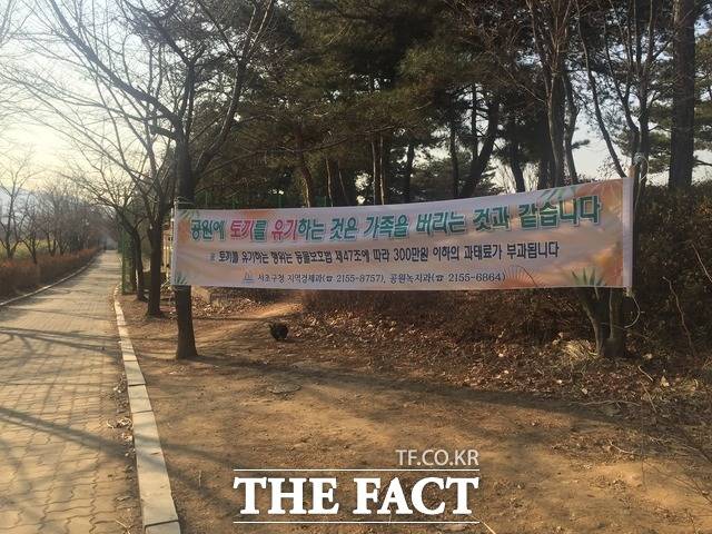 몽마르뜨 공원에 토끼가 나타난 건 지난 2011년 누군가 한 쌍의 토끼를 유기한 후다. 유기된 토끼가 구청에서 걸어둔 유기 방지 현수막 아래에서 먹이를 찾고 있는 모습. /임현경 기자