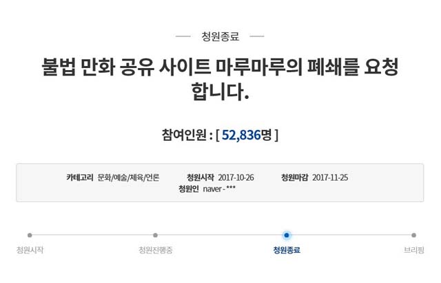 지난해 11월 청와대 국민청원 게시판에 불법복제물 공유 사이트 마루마루 폐쇄를 요청하는 글이 올라와 총 5만 2836명의 참여로 마무리됐던 바 있다. /청와대 국민청원 게시판 캡처