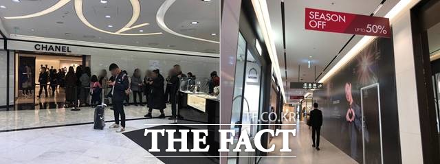 롯대면세점 소공점(왼쪽)은 명품 매장에 밖까지 이어진 줄로 붐볐다. 반면, 롯데면세점 코엑스점은 손님들을 찾아 볼 수 없을 정도로 한산했다. /이진하 기자