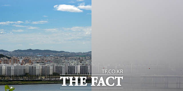 하늘공원에서 바라본 서울 가양동의 아파트 단지. 맑은 날의 모습과 극명한 대조를 보인다.