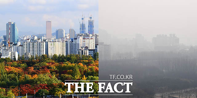 전국 대부분 지역에서 초미세먼지 농도가 매우 나쁨 수준을 보이며 수도권에 미세먼지 비상저감조치가 내려진 14일 오전 서울 마포구 상암동 하늘공원에서 바라본 서울 시내의 모습(오른쪽)이 작년 10월의 맑은 날 같은 곳에서 바라본 모습과 극심한 대조를 보이고 있다. /김세정 기자