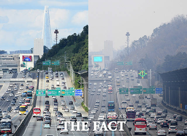 설 연휴 첫 날인 2일 오전 경기도 성남시 분당구 서울톨게이트에서 바라본 서울 도심 일대가 미세먼지로 인해 뿌연 모습을 보이고 있다. 왼쪽 사진은 지난해 9월 26일 당시 모습. /성남=남용희 기자