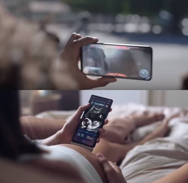 유출된 영상에는 인피니티-O 디스플레이가 적용된 갤럭시S10과 스마트폰 하단에 장치를 부착해 초음파 영상을 보는 임산부의 모습 등이 담겼다. /유튜브 영상 캡처