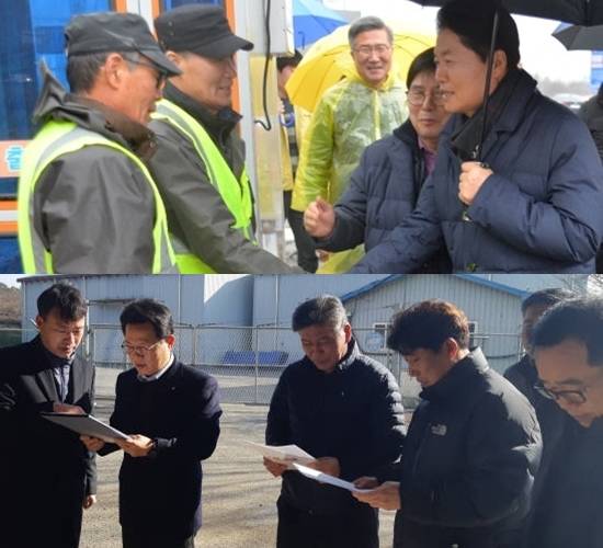 김병원(위 오른쪽) 농협중앙회장과 김광수 NH농협금융지주 회장(아래 왼쪽에서 두 번째) 등 농협 임직원들이 설 연휴를 반납하고 구제역 방역 현장 점검에 나섰다. /농협중앙회·NH농협금융지주 제공