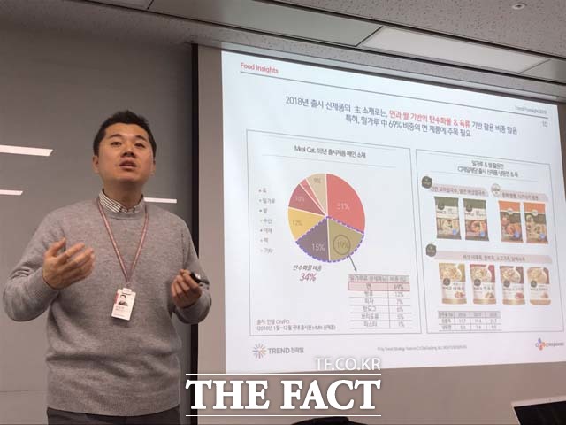 CJ제일제당이 11일 서울 중구에 있는 CJ제일제당 본사에서 기자간담회를 열고 올해 식품업계 트렌드 분석 결과를 발표했다. 사진은 남성호 CJ제일제당 트렌드전략 팀장이 취재진 앞에서 업계 동향을 발표하는 모습. /쌍림동=김서원 인턴기자