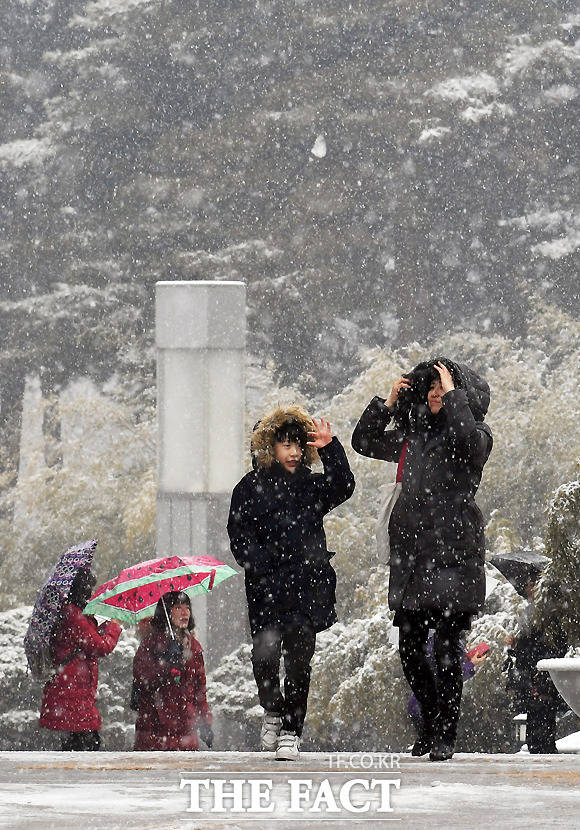 정월대보름이자 절기상 우수인 19일 전국이 흐리고 눈 또는 비가 내리는 가운데, 서울 용산 국립중앙박물관을 찾은 한 어린이가 어머니와 함께 걸음을 옮기고 있다.