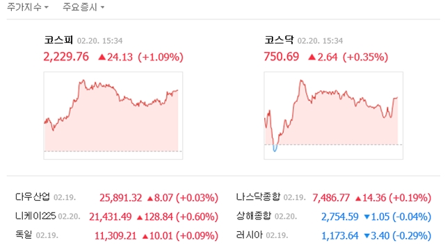 20일 코스피는 전 거래일보다 24.13포인트(1.09%) 오른 2229.76, 코스닥은 전일 대비 2.64포인트(0.35%) 오른 750.69에 거래를 마쳤다. /네이버 캡처