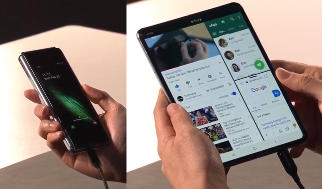 삼성전자의 폴더블폰 갤럭시 폴드는 펼쳤을 때 7.3인치, 접었을 때 4.6인치 크기다. /삼성 갤럭시 언팩 2019 영상 캡처