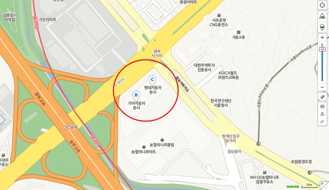 서울 서초구 양재동에 위치한 현대차그룹 본사는 이 지역 랜드마크로 자리 잡았다. /네이버 지도 캡처