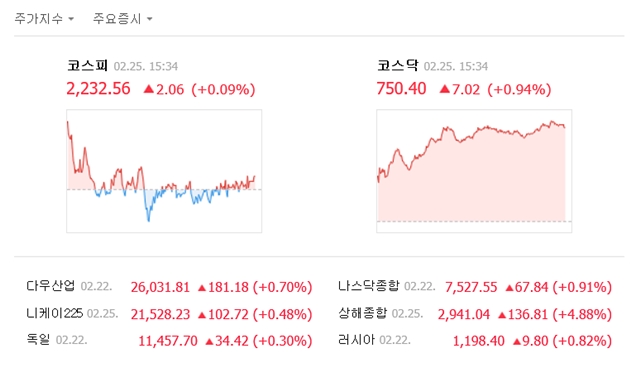 25일 코스피는 전 거래일보다 2.06포인트(0.09%) 오른 2232.56에 거래름 마쳤다. /네이버 캡처