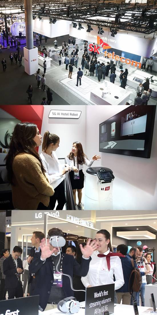 SK텔레콤과 KT, LG유플러스는 MWC 2019에 전시관을 마련하고 5G 시대에서 경험할 수 있는 다양한 서비스를 선보였다. /SK텔레콤·KT·LG유플러스 제공
