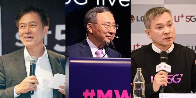 박정호 SK텔레콤 사장, 황창규 KT 회장, 하현회 LG유플러스 부회장(왼쪽부터)이 지난 25일(현지 시간) 개최한 MWC 2019에 참석해 5G 전략을 밝혔다. /SK텔레콤·KT·LG유플러스 제공