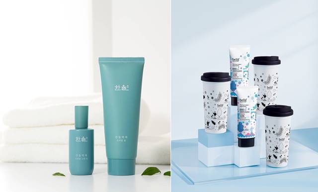 메이크업 제품에서 봄 컬러를 담았다면, 기초 스킨케어 제품은 트러블 관리와 수분 공급 강화 제품을 선보였다. 사진은 아모레퍼시픽의 자연주의 브랜드 한율(왼쪽)과 LG생활건강의 빌리프 더트루크림 아쿠아 밤 점보 슈퍼픽션텀블러에디션(오른쪽). /아모레퍼시픽·LG생활건강 제공