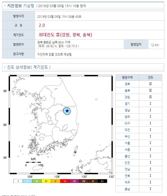 기상청에 따르면 경북 봉화군에서 오후 3시쯤 규모 2.0의 지진이 발생했다. /기상청 홈페이지 캡처
