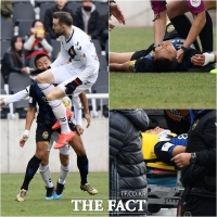 [TF사진관] 정신 잃고 쓰러진 남준재… 경남 머치와 충돌 후 구급차 이송