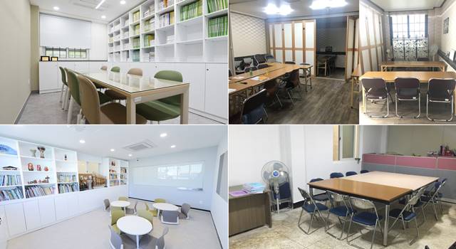 아모레퍼시픽 복지재단이 12일 여성 이용 시설 공간 리모델링을 지원하는 사업 공모를 시작했다고 알렸다. 사진은 다함께 부설 성·가정폭력상담소 공간개선 후 모습(왼쪽상단부터 시계방향으로)과, 경남 이주여성인권센터 집단상담실 개선전, 다함께 부설 성·가정폭력상담소 공간개선 전 모습. /아모레퍼시픽 제공