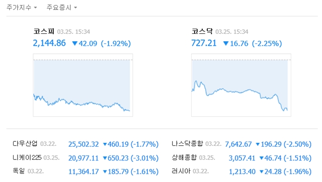 25일 코스피는 전 거래일 대비 42.09포인트(1.92%) 내린 2144.86에, 코스닥은 16.76포인트(2.25%) 내린 727.21에 거래를 마쳤다. /네이버 캡처