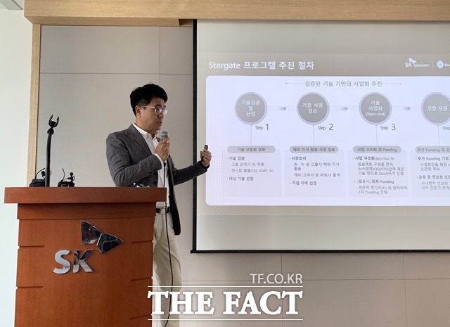 SK텔레콤은 28일 서울 중구 삼화빌딩에서 기자설명회를 열고 사내 유망 ICT 기술을 스핀-아웃하는 스타게이트 프로그램을 시작한다고 밝혔다. 박진효 SK텔레콤 ICT 기술센터장이 프로그램을 소개하고 있다. /중구=서민지 기자