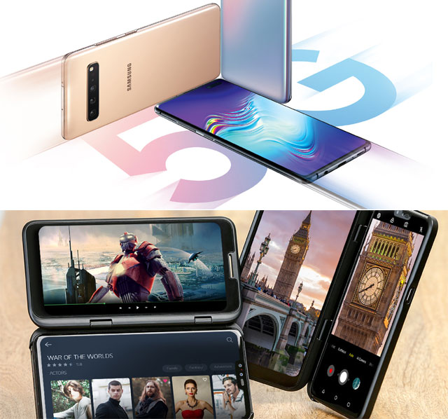 사전 예약 판매에 돌입한 삼성전자 갤럭시S10 5G(위)의 가격은 139만7000원~155만6500원이다. 오는 19일 출시 예정인 LG전자 V50 씽큐는 119만9000원이다. /삼성전자·LG전자 제공