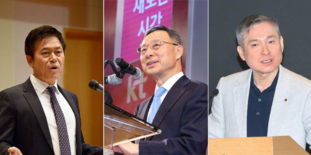 SK텔레콤·KT·LG유플러스 등 국내 이동통신 3사는 초기 5G 시장 경쟁에서 밀리지 않기 위해 회사 역량을 집중하고 있다. 사진은 박정호 SK텔레콤 사장(왼쪽부터), 황창규 KT 회장, 하현회 LG유플러스 부회장. /SK텔레콤·KT·LG유플러스 제공