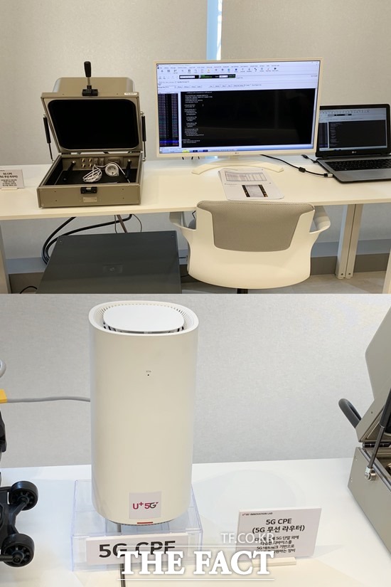 네트워크존에서는 쉴드박스(위)를 이용해 외부 전파로부터 간섭받지 않는 환경에서 테스트할 수 있으며, 5G CPE를 통해 스마트폰 이외의 디바이스도 활용할 수 있다. /마곡=서민지 기자