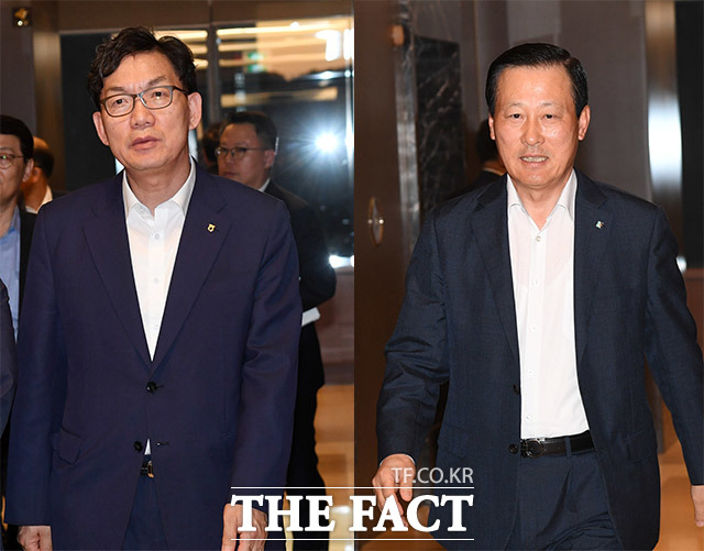 이대훈 NH농협은행장(왼쪽)과 김도진 IBK기업은행장은 올해가 임기 마지막해다. /더팩트DB
