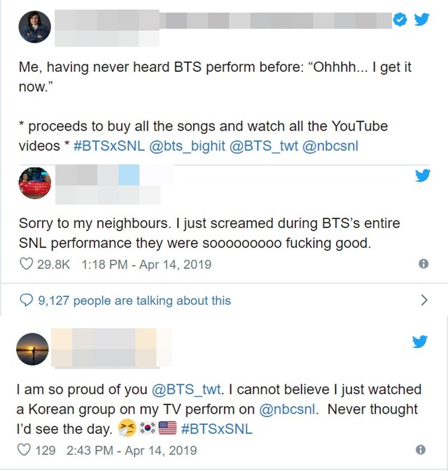 방탄소년단의 SNL 컴백 무대가 끝난 뒤 국외 팬들이 트위터를 통해 보인 반응들. /트위터 캡처