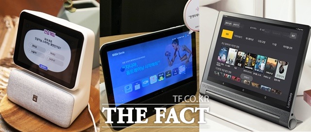 국내 이동통신사들이 디스플레이를 탑재한 AI 스피커를 잇따라 선보이고 있다. SK텔레콤 누구 네모, KT 기가지니 테이블TV, LG유플러스 U⁺tv 프리(왼쪽부터). /SK텔레콤·LG유플러스 제공, 서민지 기자