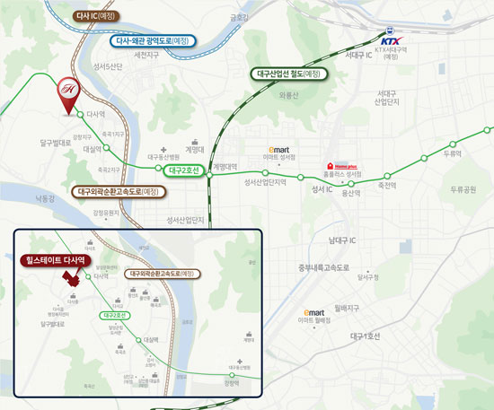 힐스테이트 다사역이 들어서는 다사읍은 대구광역시 서쪽에 위치하고 있으며, 인근에 금호강과 죽곡산 그리고 대구 최대 산업단지인 성서산단 등이 있다. /현대건설 제공