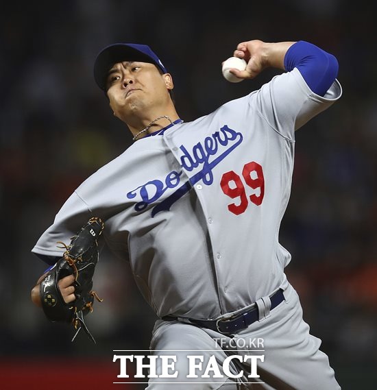 류현진이 2일(한국시간) 미국 샌프란시스코 오라클 파크에서 열린 메이저리그 내셔널리그 샌프란시스코 자이언츠와 원정경기에서 승패 없이 8이닝 1실점으로 호투했다./AP.뉴시스