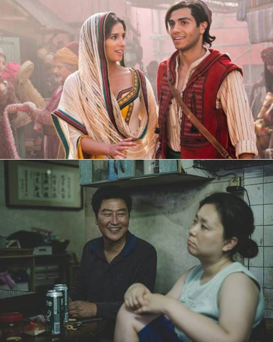 영화 알라딘은 현재 박스오피스 1위를 차지하고 있으며 기생충은 예매율 1위를 차지하고 있다. /영화 알라딘 기생충 스틸