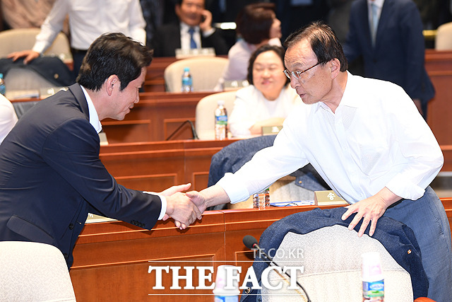 악수하는 이인영 원내대표(왼쪽)와 이해찬 대표