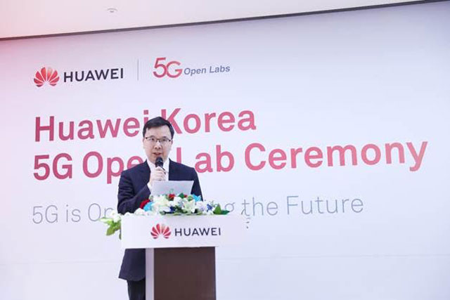 양차오빈 화웨이 5G 프로덕트 라인 사장이 5G 오픈랩 개소 기념사를 하고 있다. /화웨이코리아 제공