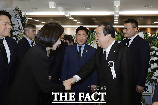 나경원 자유한국당 원내대표(왼쪽)가 문희상 국회의장과 인사하고 있다.