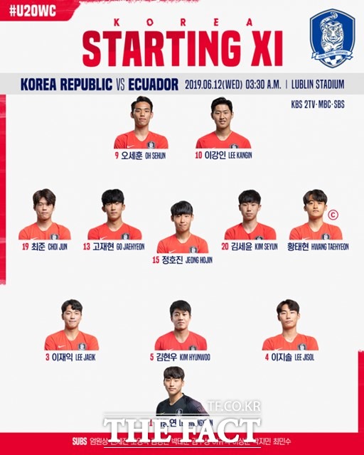 한국의 에콰도르전 선발 라인업./대한축구협회 제공