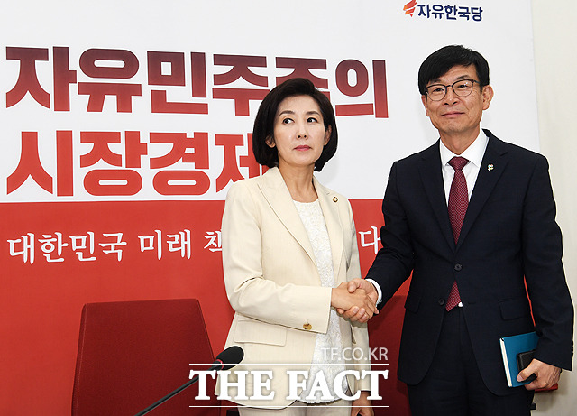 밝은 표정으로 악수하는 나경원 자유한국당 원내대표(왼쪽)와 김상조 신임 청와대 정책실장