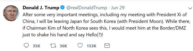 트럼프 대통령은 29일 오사카 G20 정상회의 참석 도중 김정은 북한 국무위원장에게 DMZ에서의 깜짝 만남 제안을 했다. /트럼프 대통령 트위터