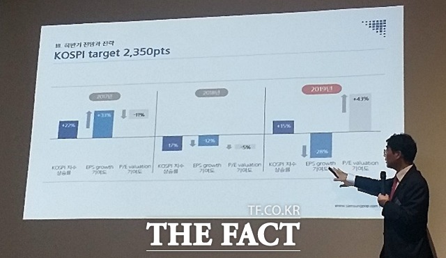 오현석 삼성증권 리서치센터장이 2일 열린 제1회 증시콘서트: 2019 하반기 증시 대전망 세미나에서 올해 안으로 무역분쟁 타결을 예상하며 하반기 코스피지수 상단을 2350선으로 제시한다고 발표하고 있다. /여의도=지예은 기자