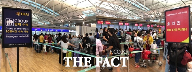 일본행 항공편 체크인 카운터 분위기와는 달리, 동남아행 항공편 카운터에는 휴가를 떠나려는 여행객들로 가득 찬 모습이다. 사진 왼쪽은 방콕행 타이항공 카운터, 오른쪽은 호치민행 비엣젯항공 카운터의 모습 /인천국제공항=신지훈 기자