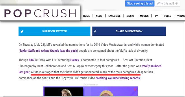 팝크러쉬는 MTV 시상식의 인종차별과 팬들의 분노에 대한 글을 게재했다. /팝크러쉬 캡처