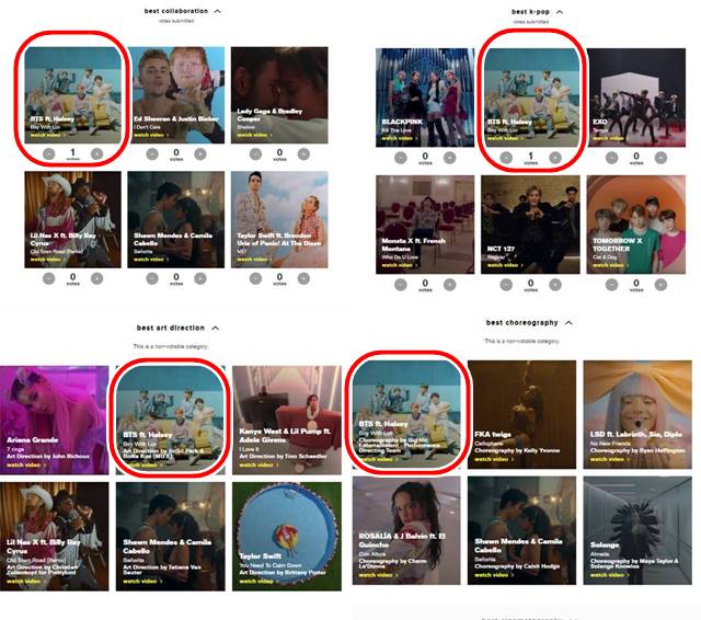 MTV 비디오 뮤직 어워즈에서 4부문에 오른 그룹 방탄소년단. /MTV 홈페이지 캡처