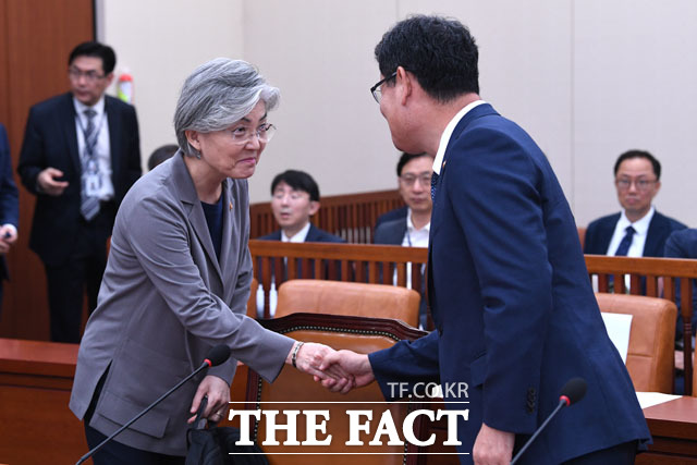 악수하는 강경화 외교부 장관과 김연철 통일부 장관(오른쪽)