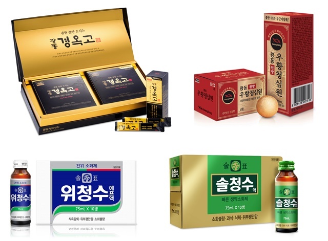 광동제약은 지난해 3월 액상 소화제 솔표 위청수에프 출시하는 등 최근 의약품 매출 비중을 늘리는 데 힘쓰고 있다. 왼쪽 위부터 시계방향으로 광동제약 경옥고, 광동우황청심원, 솔표 솔청수, 솔표 위청수 제품 이미지. /광동제약 제공