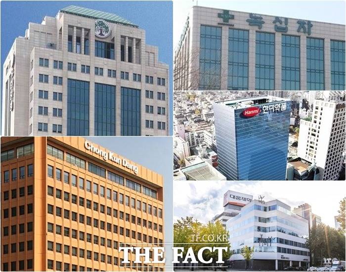 국내 제약사가 올해 상반기 성과를 내놓고 있는 가운데 매출 1조 클럽에 지난해보다 더 많은 제약사가 들어갈 수 있을지 관심이 모아지고 있다. 왼쪽 위부터 시계방향으로 유한양행, GC녹십자, 한미약품, 대웅제약, 종근당 건물 외관. /각사 제공
