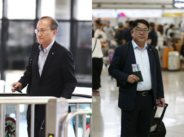 이석희 SK하이닉스 대표이사 사장(왼쪽)과 김동섭 SK하이닉스 대외협력총괄 사장이 19일 <더팩트> 취재진과 만나 일본의 화이트리스트 제외 이슈와 관련해 최선을 다해 대처할 것이라고 말했다. 사진은 일본의 수출 규제에 대응하기 위해 지난달 일본으로 떠나는 이석희 사장과 김동섭 사장. /SK하이닉스 제공