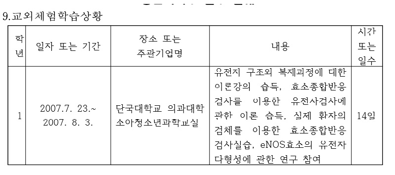 조국 법무부 장관 후보자의 딸이 고려대에 제출한 생활기록부 중 일부./조국 후보자 인사청문화 준비단 제공