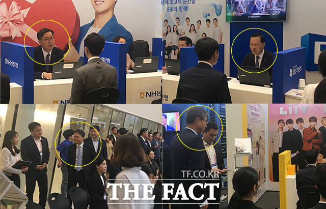 27일 금융권 공동 채용박람회가 열린 가운데 시중은행장들도 각 사 부스를 찾았다. 사진은 면접을 진행하는 이대훈 농협은행장(왼쪽 위)과 김도진 기업은행장(오른쪽 위), 각 부스를 찾은 진옥동 신한은행장(왼쪽 아래)과 허인 국민은행장(오른쪽 아래)의 모습. /동대문=이지선 기자