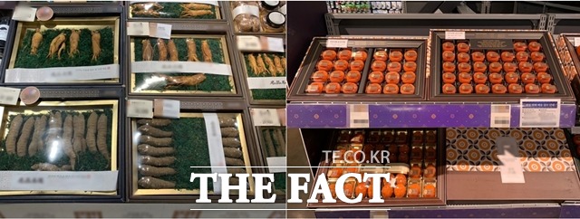 더덕, 수삼 제품은 육안으로 보기에도 포장공간 비율이 기준치를 넘어섰다. 곳감선물세트는 대부분 개별포장 후 박스에 담는 방식으로 포장 돼 있었다. /이민주 기자