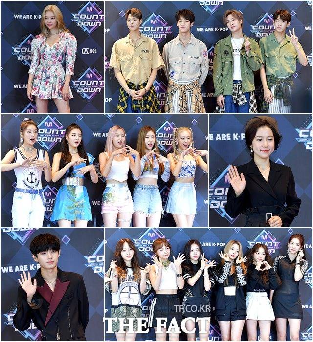 가수 선미와 아이즈, 홍자, 에버글로우, 김용국, ITZY(왼쪽 위부터 시계방향)가 29일 오후 서울 마포구 상암산로 CJ E&M에서 열린 Mnet 엠카운트다운 리허설 전 포토타임을 갖고 있다. /이덕인 기자